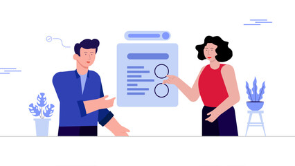 male and female employees are showing presentation with graphs. flat vector illustration