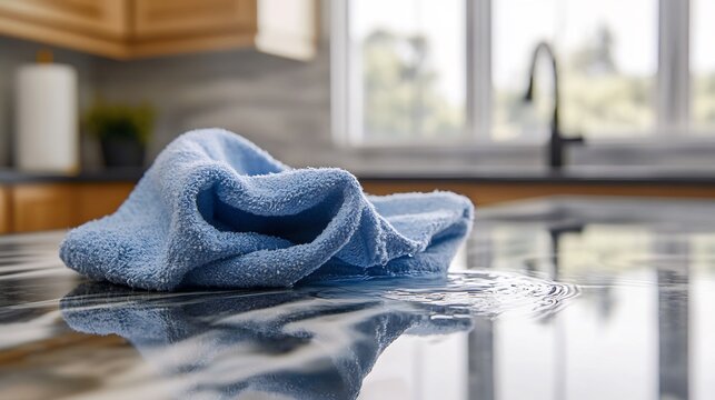 Streak free cloth wiping water off kitchen counter original background