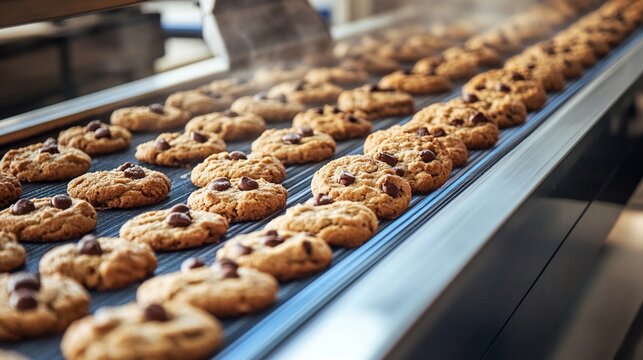 Chocolate chip cookies being mass-produced on a conveyor belt in a factory setting, illustrating food manufacturing and industrial efficiency concepts through automation.