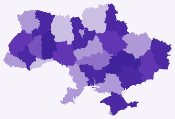 Map of Ukraine with regions. Just a simple country border map with region division. Deep purple color palette. Flat Ukraine shape with administrative division. Vector illustration.