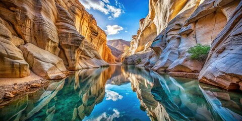 Serene Hidden Canyon: Crystal Clear Water, Ivory Rocks, Blue Sky Reflection - Stunning Nature Photography