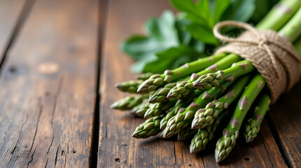 A  bunch of fresh asparagus tied with rustic jute twine, resting on a weathered wooden table, with soft lighting highlighting its texture and natural elegance. National Asparagus Day, copy space