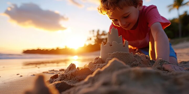  kid building sandcastle on the beach -