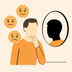 Man reflecting different emotions in the mirror – emotional regulation and mental health flat illustration