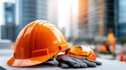 An orange hard hat, safety goggles, and gloves are resting on a surface, set against a backdrop of modern construction buildings in soft sunlight.