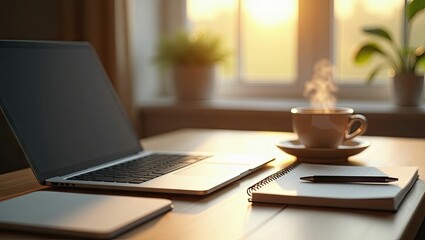 Home office workspace with laptop and documents