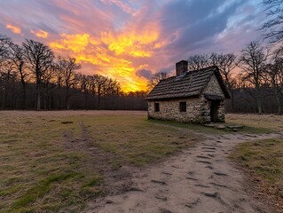 Cabin Sunset Forest Path
