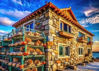 Obraz premium Stone Crab Architecture: Coastal Building Design, Seafood Restaurant Exterior, Crab Trap Structures, Florida Architecture, Oceanfront Restaurant