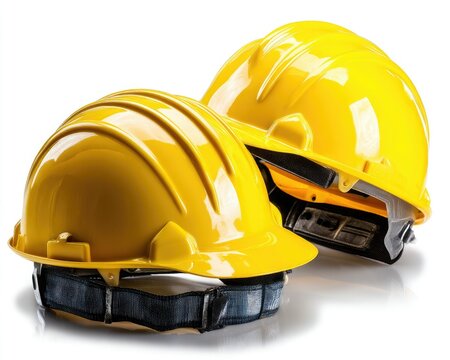 Two yellow hard hats are positioned side by side, showcasing their glossy finish and sturdy design, emphasizing safety in construction and industrial settings.