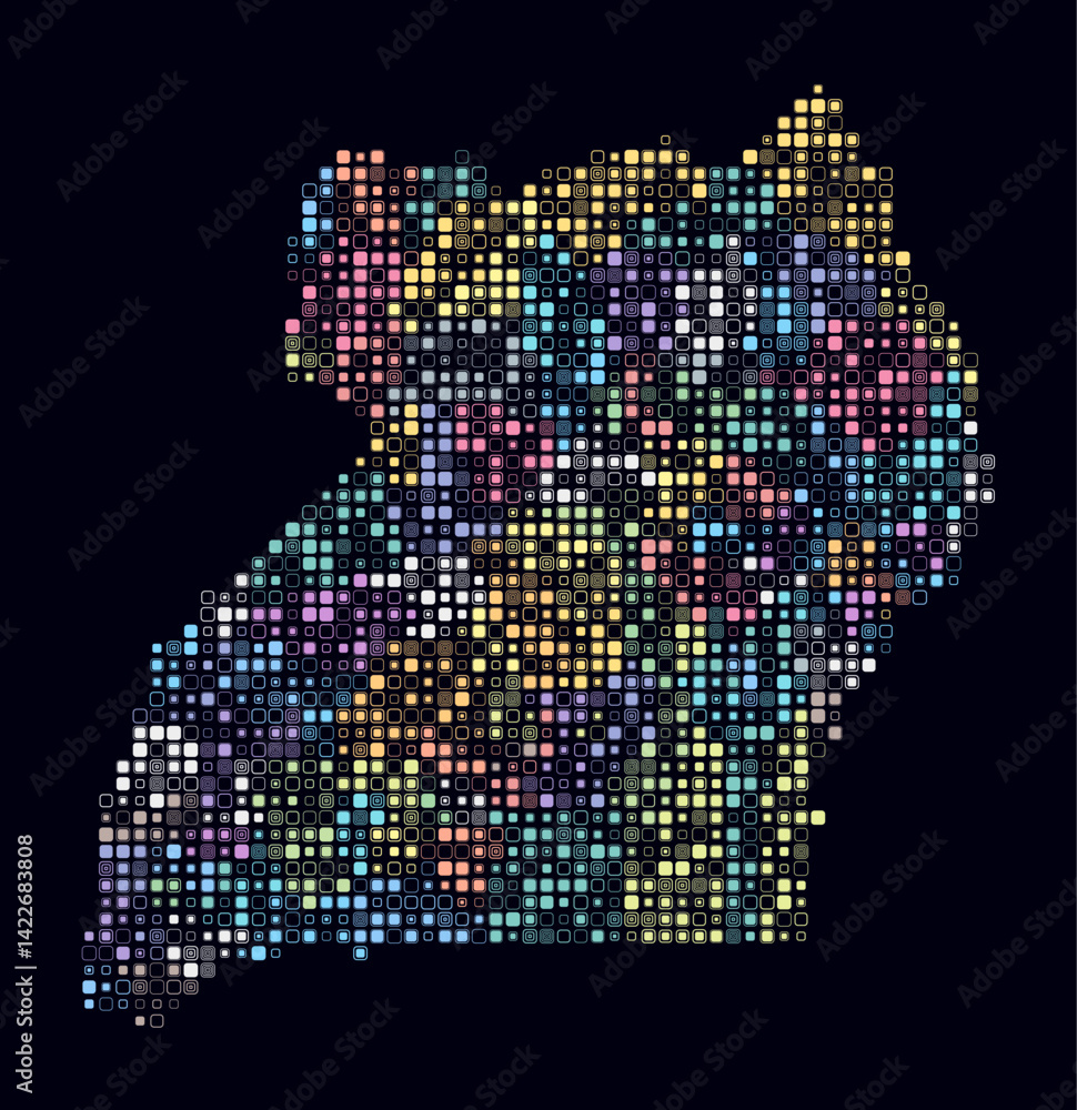 Poster uganda, shape of the country build of colored cells. digital style map of the uganda on dark backgro