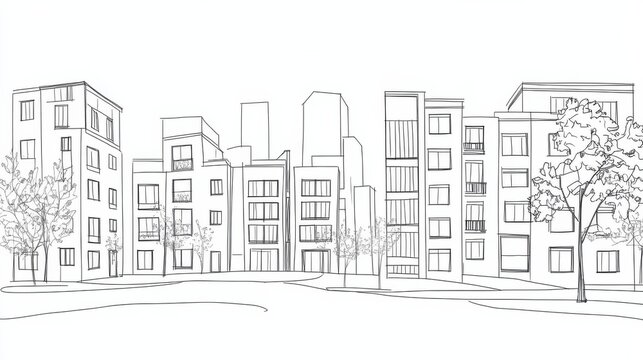 Single continuous line art city building construction. Architecture house urban apartment cityscape landscape concept design one sketch outline drawing vector illustratio 