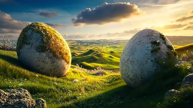 Scenic countryside with mossy rocks resembling eggs under sunlit clouds