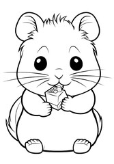 Fototapeta premium Kawaii cute hamster eating candy, a simple coloring page for kids with crisp lines and a white background