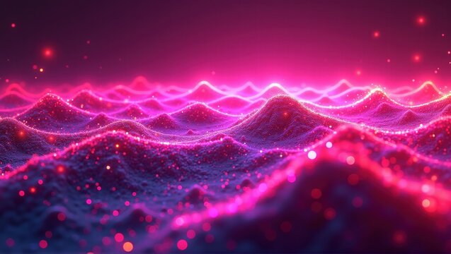 A vibrant digital landscape with glowing pink and purple waves, resembling a futuristic terrain. Sparkling particles add depth and a sense of motion. Generative, AI,