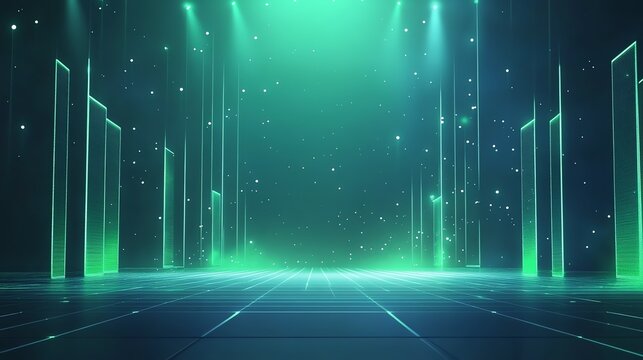 Futuristic green digital background with glowing patterns and grid overlay