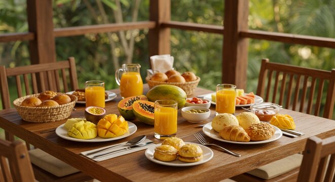 Breakfast feast: Tropical fruits, breads, and juice on wooden table - Powered by Adobe