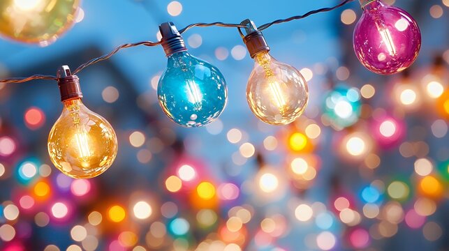 Vibrant light bulb string soft focus bokeh background festive mood - Powered by Adobe