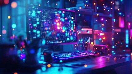 Vibrant digital workspace, illuminated by colorful lights.