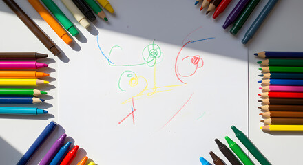 Fototapeta premium Child's Abstract Crayon Drawing Framed by Colorful Pencils and Markers