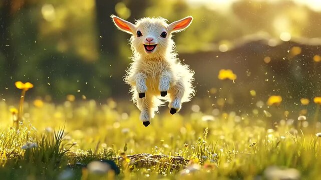 Playful goat joyfully leaps through a sunlit meadow filled with flowers and soft bokeh background