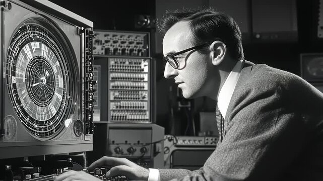 Vintage Computer Programmer Working Diligently on Complicated Early Systems in Monochrome