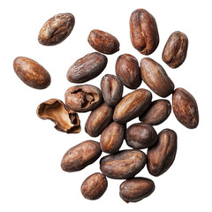 Obraz premium Falling cocoa beans with broken shells isolated on transparent background