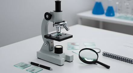 Microscope, Slides, Magnifying Glass & Lab Notebook on White Table