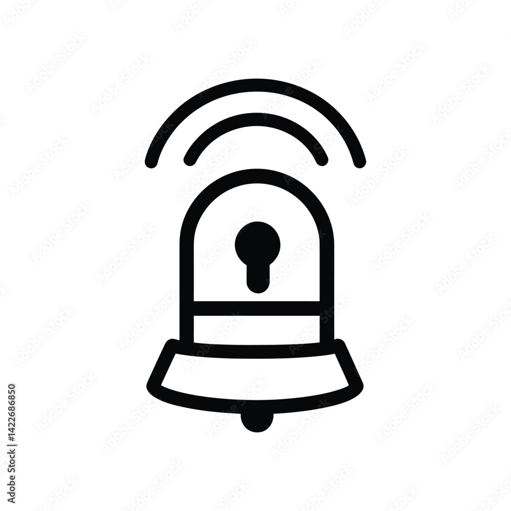 Poster alarm bell icon with waves in outline style on transparent background