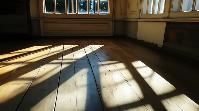 Sunlight Streaming Through Windows onto an Antique Wooden Floor Interior