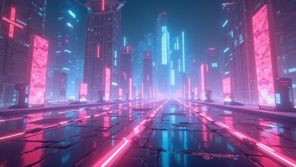 A futuristic cityscape with tall buildings illuminated by neon lights in pink and blue hues. The street is lined with glowing panels and reflective surfaces. Generative, AI,