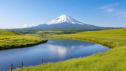 Fototapeta premium Mount Fuji Lakeside Landscape Vibrant Nature High-Definition Photography Wide Angle Shot Serene Reflection Peaceful Scene Sunny Meadow Breathtaking Vista Ideal for Travel Brochures