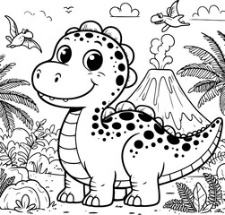 Happy Dinosaur in a Prehistoric Jungle. Coloring Book Page. Cartoon Illustration.
