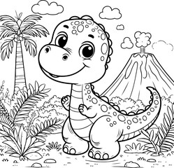Happy Dinosaur in a Prehistoric Jungle. Coloring Book Page. Cartoon Illustration.