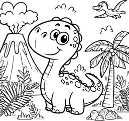 Happy Dinosaur in a Prehistoric Jungle. Coloring Book Page. Cartoon Illustration.