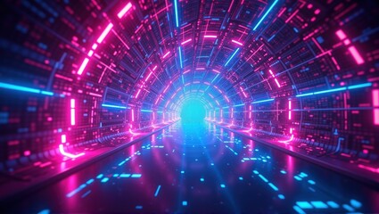 Fototapeta premium A neon-lit tunnel filled with glowing pink, blue, and purple grid lines, creating a futuristic, digital environment. The tunnel appears to stretch into an infinite dark center. Generative, AI,