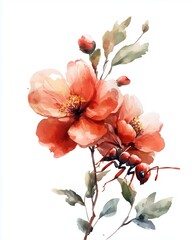 Fototapeta premium Vibrant watercolor flowers with delicate leaves and an insect. watercolor style. 