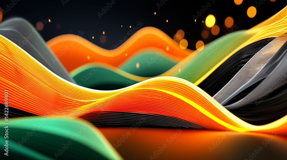 Aufkleber abstract waveform: vibrant orange, teal, and grey waves flow across the frame in a dynamic, abstract
