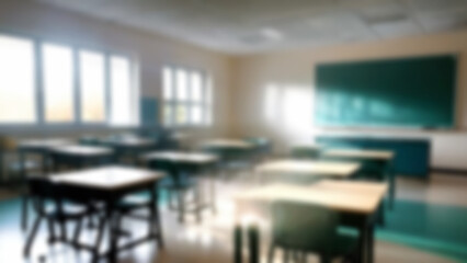 Beautiful blurred background of bright classroom and study room with panoramic windows and beautiful lighting. Blurred Empty school background.