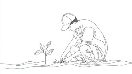 Single continuous line drawing young male farmer planting plant shoots in the ground. Start the planting period. Minimalism metaphor concept. Dynamic one line draw graphic design vector illustration 