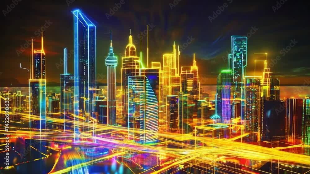 Poster futuristic night metropolis with glowing outlines and light trails animation loop