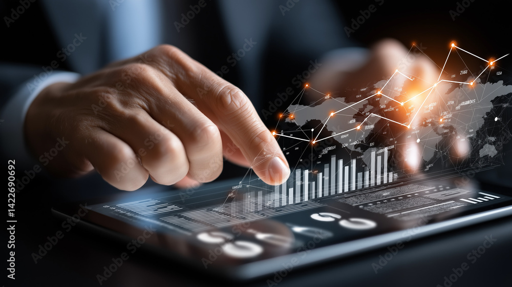 Aufkleber data analysis & global reach: hands expertly navigating a tablet interface with data visualizations,