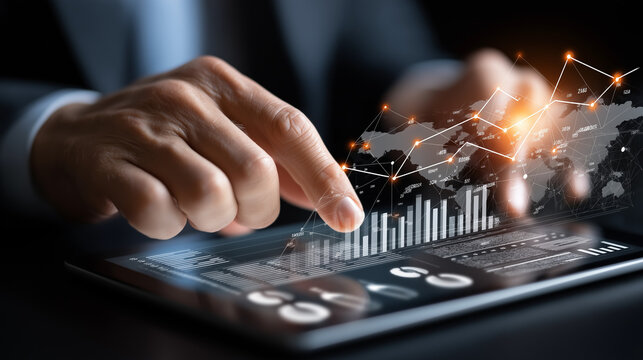 Data Analysis & Global Reach: Hands expertly navigating a tablet interface with data visualizations, charting a course of technological progress in a connected world.