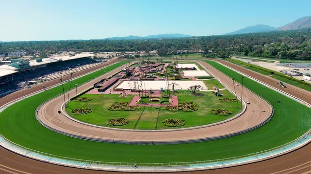 aerial footage of Santa Anita Park racetrack in Arcadia California USA