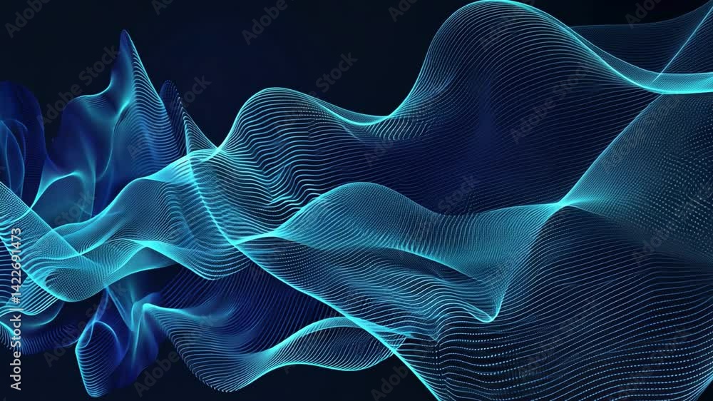 Poster mesmerizing abstract wave pattern in blue tones, showcasing fluid lines and dynamic movement, evokes