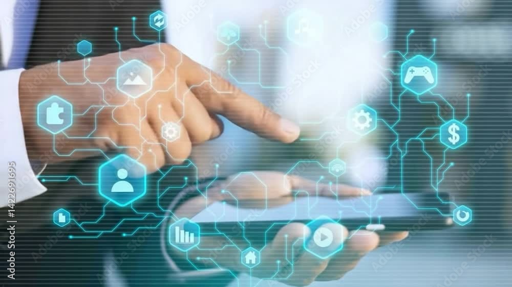 Aufkleber a person interacting with a digital tablet displaying connected digital icons and symbols.