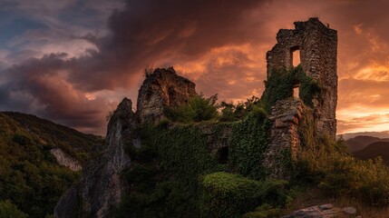 Fototapeta premium Overgrown stone ruins stand dramatically against a fiery sky, evoking history and nature's reclamation of the past.