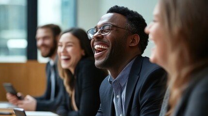 Obraz premium Jubilant diverse business team sharing a moment of laughter during a meeting