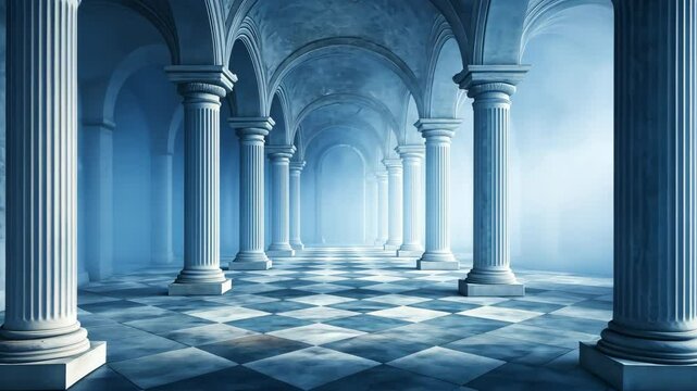 Elegant Hallway Columns line checkered floor, light at end. Architectural