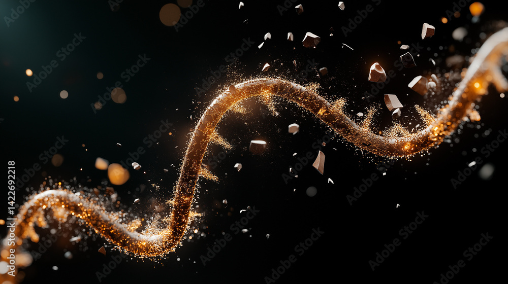 Poster dna strand: an artistic representation of a dna strand, featuring a glowing helix against a dark bac
