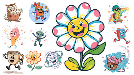 Cute Vector Cartoon Characters Set Featuring Happy Objects, Animals, and Flowers with Playful Expressions